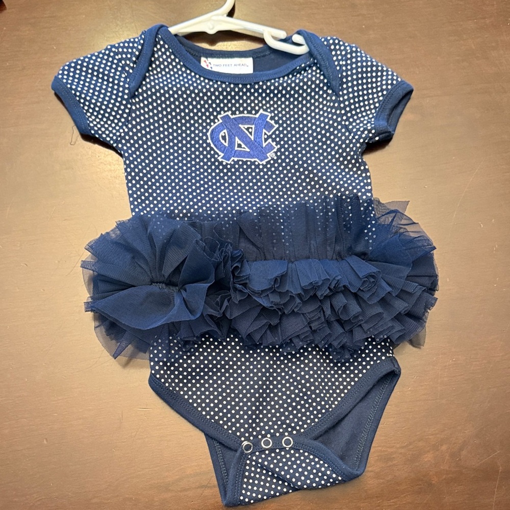 Navy Polka Dot Tulle Ruffle Baby Onesie with UNC Logo